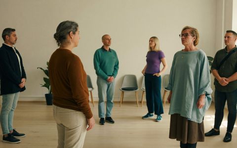 Aufstellungsgruppe im Seminarraum mit Stellvertretern und Leiterin